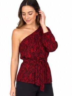Michael Kors One-Shoulder Red and Black Printed Blouse with Tie Waist medium